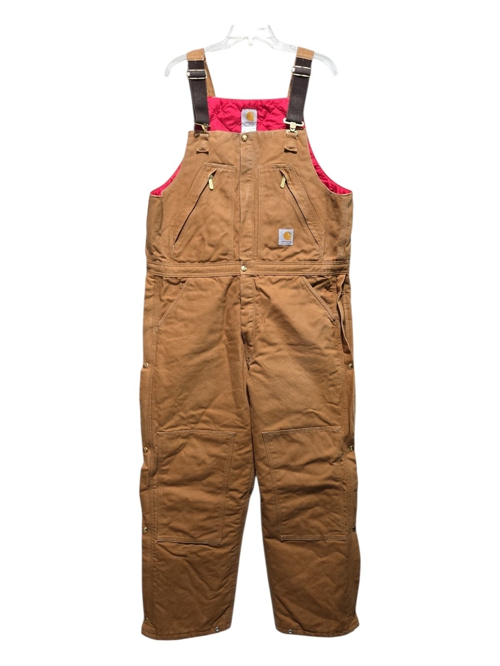 Carhartt R38 BRN Bib Overalls Mens Sz 38x30 Brown Insulated Red Quilted Lining